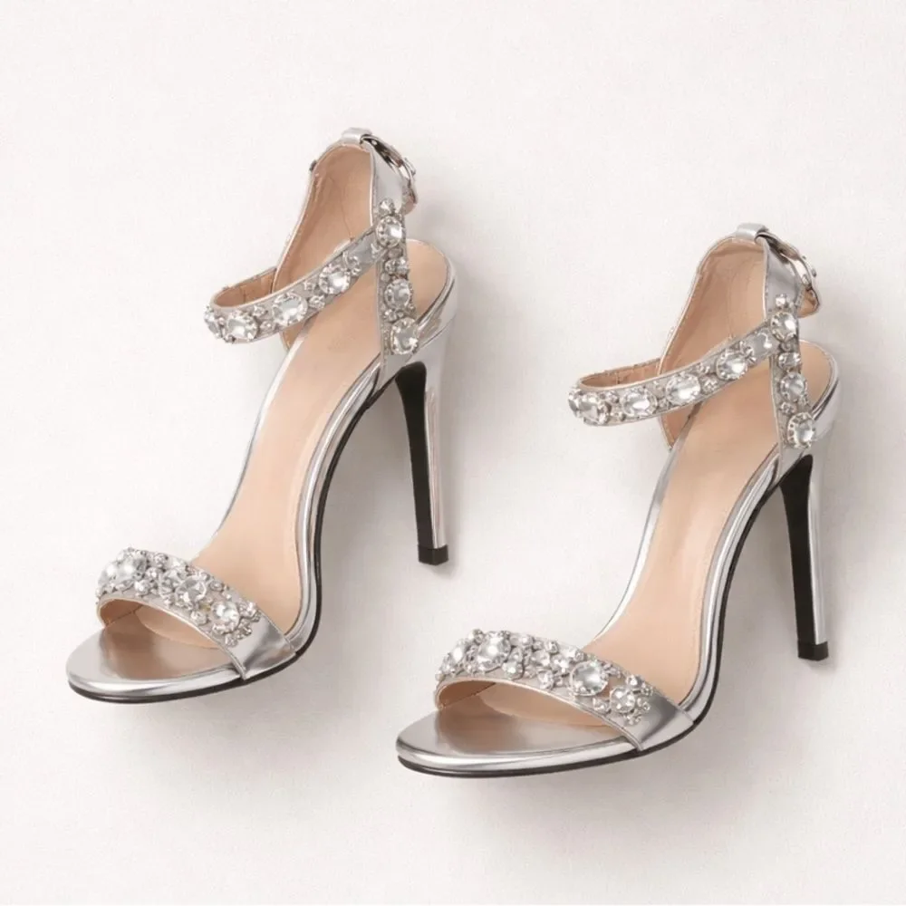 KARL LAGERFELD Silver Paris Calista rhinestones Ankle-Strap Heels Sandals Size 7